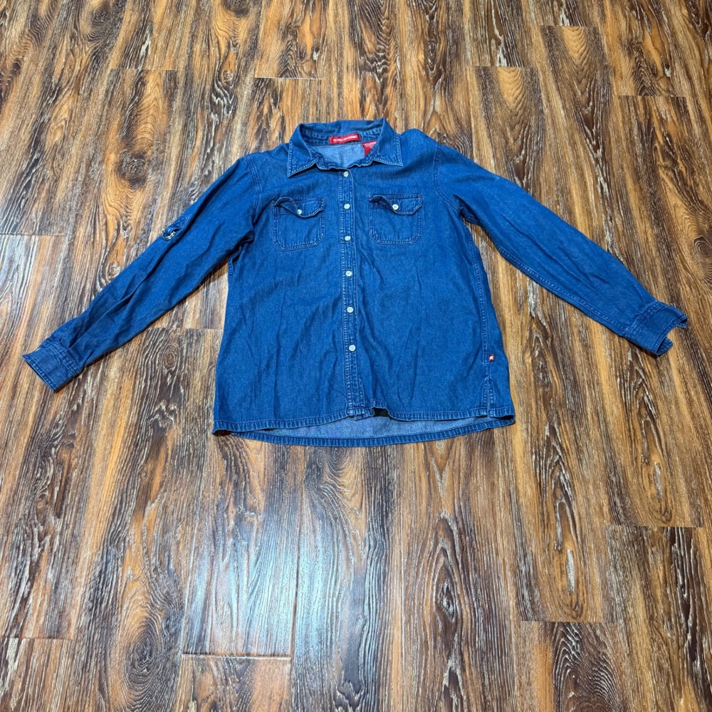 VTG L Denim Shirt Women Blue Roll Tab Sleeve Button Down Gloria Vanderbilt